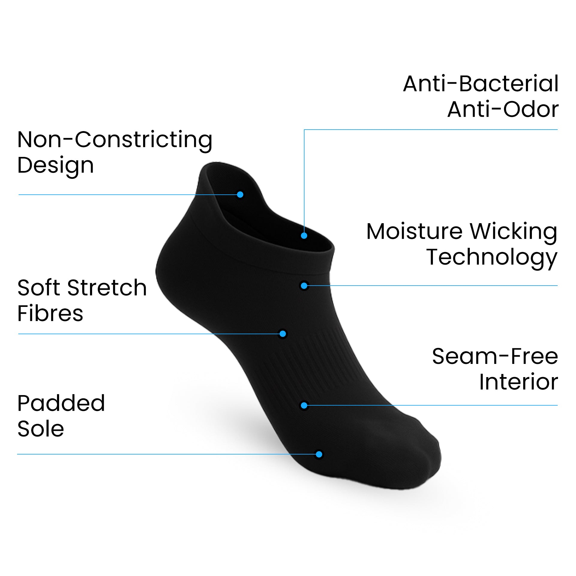 3-Pack Padded Stretch Diabetic Ankle Socks - Black